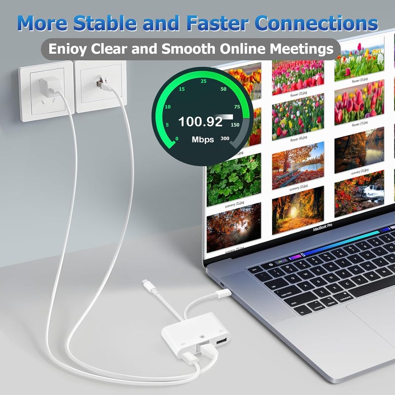 Giochem 2 in 1 Lightning and Type C to RJ45 Ethernet Adapter Network Adapter, with Charge Port and USB Port Support USB Flash Drive/Keyboard/Mouse/Came, Plug and Play,Supports 100Mbps Ethernet Network - Image 4